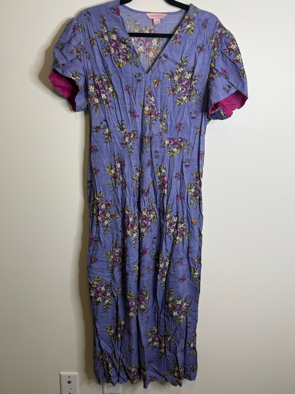 April Cornell Lavender Floral Midi Dress with Pink Accents size large